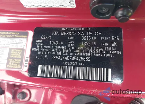 2021 Kia Rio S из США, поврежденный, VIN 3KPA24AD7ME426689